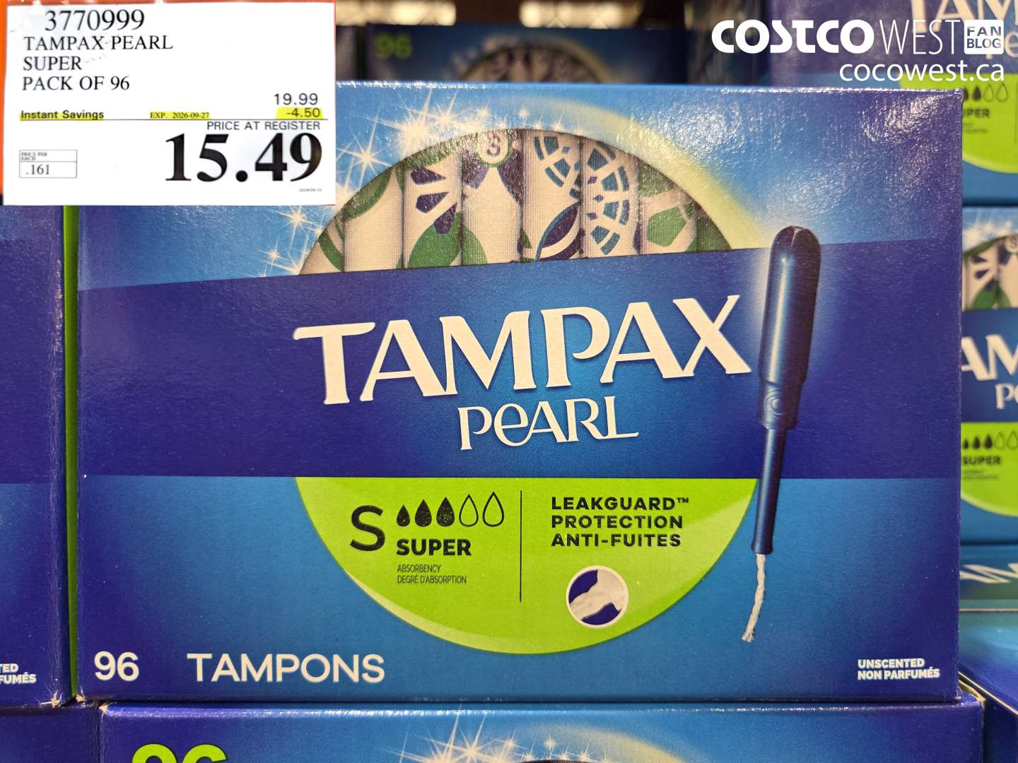 3770999 TAMPAX PEARL SUPER PACK OF 96 ($4.50 INSTANT SAVINGS EXPIRES ON 2026-09-27) $15.49