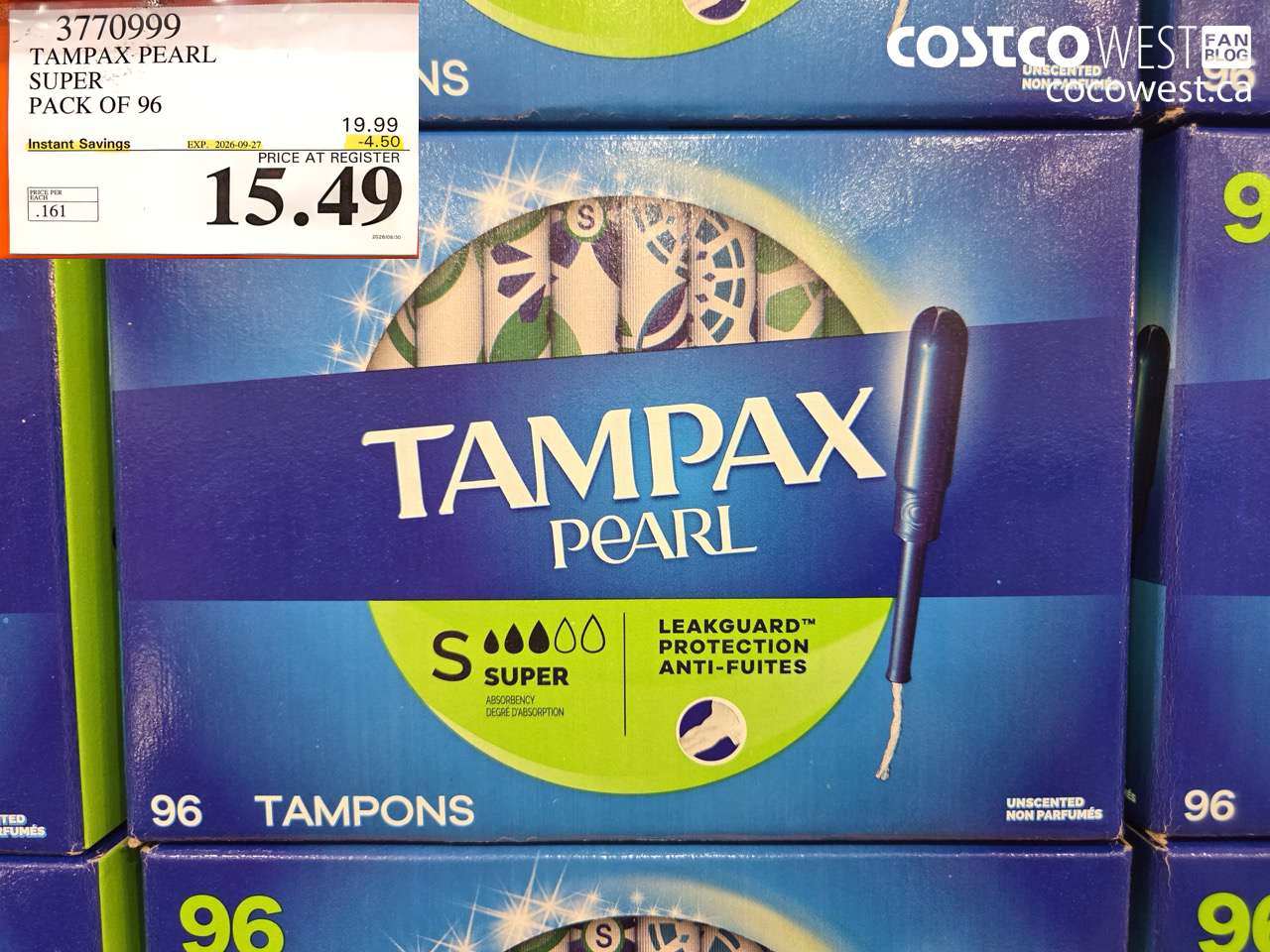 3770999 TAMPAX PEARL SUPER PACK OF 96 ($4.50 INSTANT SAVINGS EXPIRES ON 2026-09-27) $15.49
