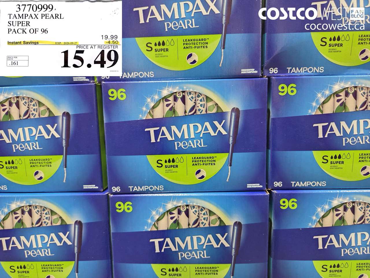 3770999 TAMPAX PEARL SUPER PACK OF 96 ($4.50 INSTANT SAVINGS EXPIRES ON 2026-09-27) $15.49