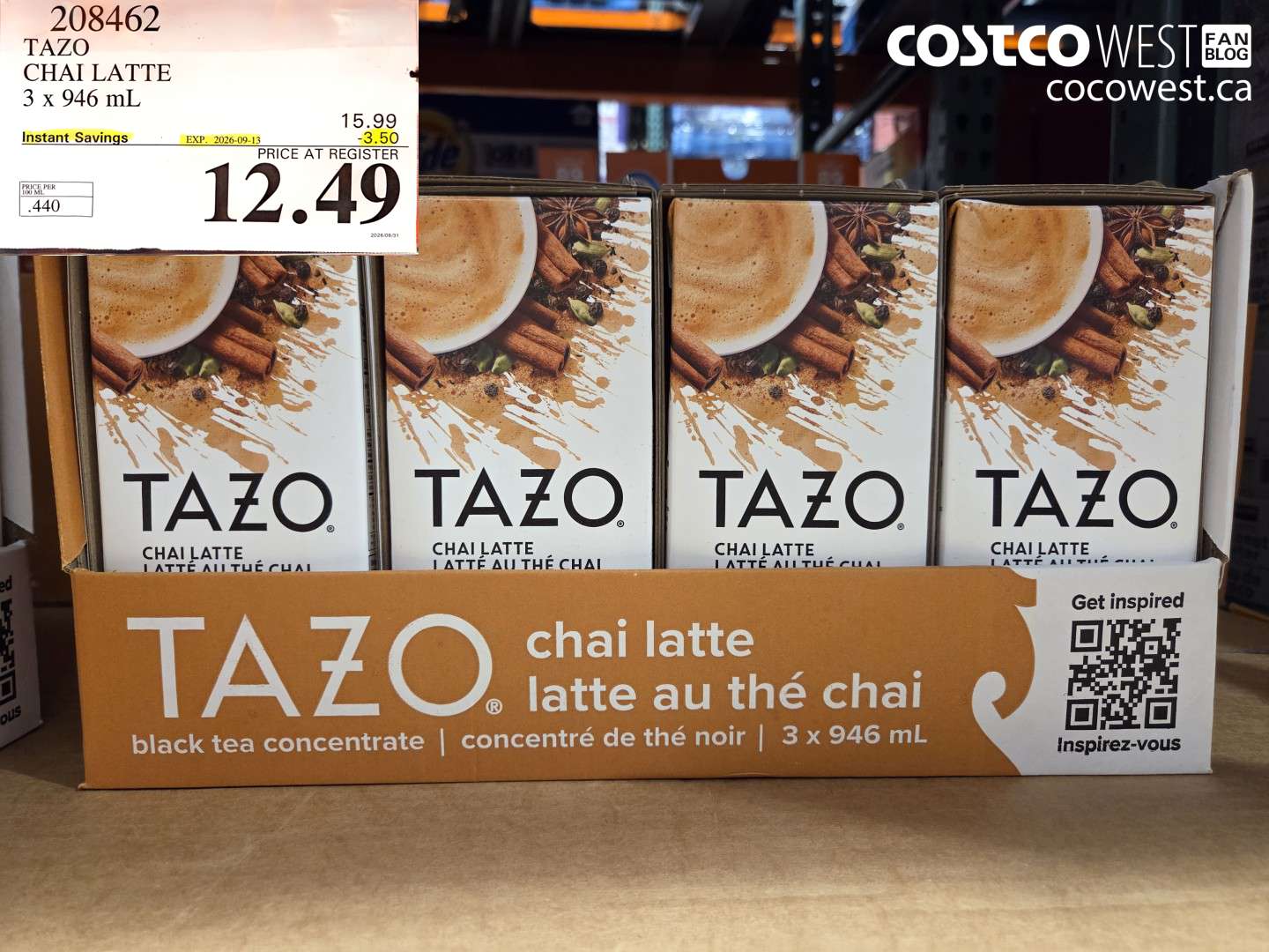 208462 TAZO CHAI LATTE 3 X 946 ML ($3.50 INSTANT SAVINGS EXPIRES ON 2026-09-13) $12.49