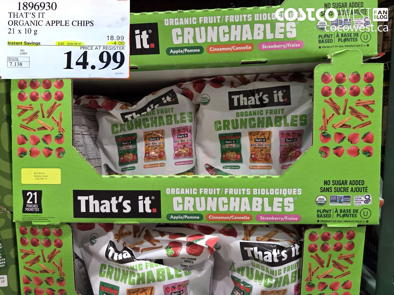 1896930 THAT'S IT ORGANIC APPLE CHIPS 21 X 10 G ($4.00 INSTANT SAVINGS EXPIRES ON 2026-09-27) $14.99