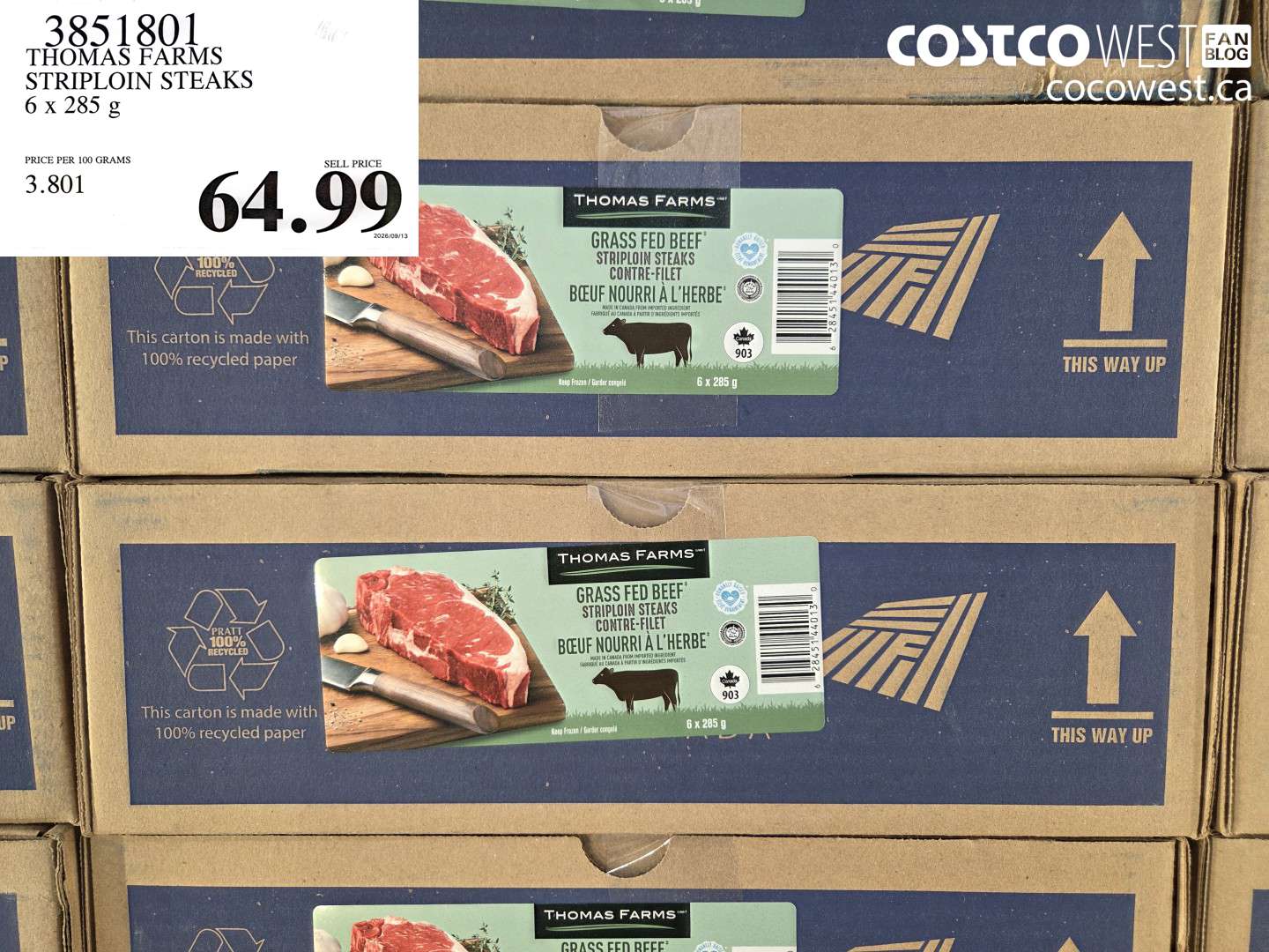 3851801 THOMAS FARMS STRIPLOIN STEAKS 6 X 285 G $64.99