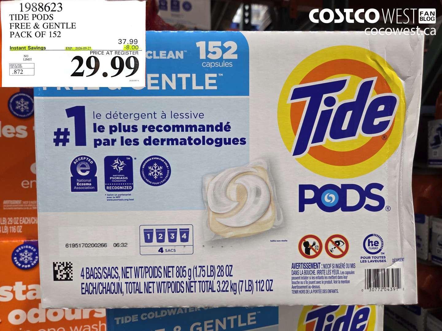 1988623 TIDE PODS FREE & GENTLE PACK OF 152 ($8.00 INSTANT SAVINGS EXPIRES ON 2026-09-27) $29.99