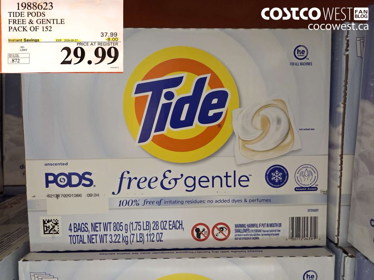 1988623 TIDE PODS FREE & GENTLE PACK OF 152 ($8.00 INSTANT SAVINGS EXPIRES ON 2026-09-27) $29.99