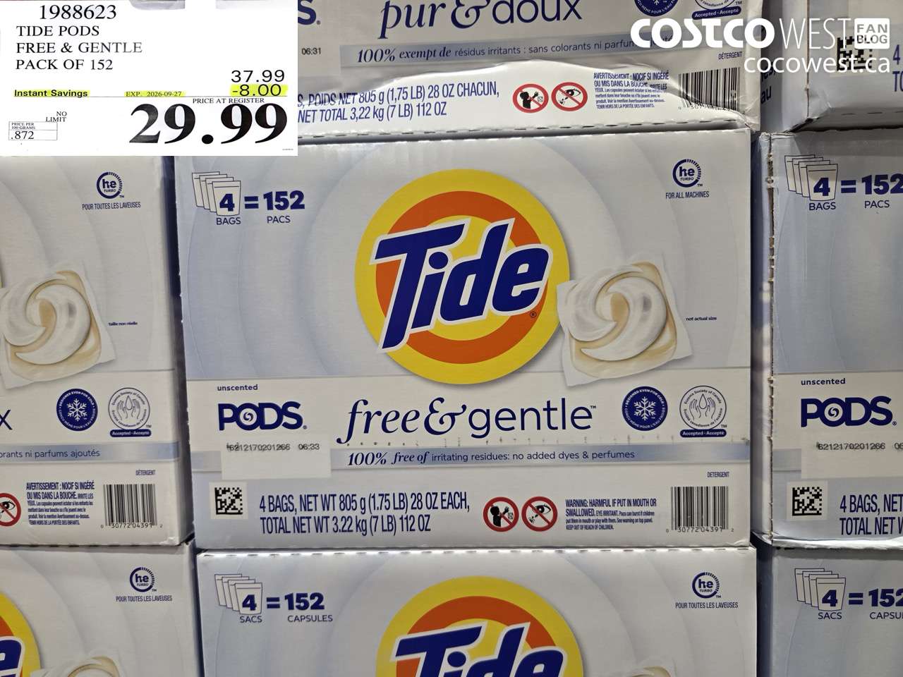 1988623 TIDE PODS FREE & GENTLE PACK OF 152 ($8.00 INSTANT SAVINGS EXPIRES ON 2026-09-27) $29.99