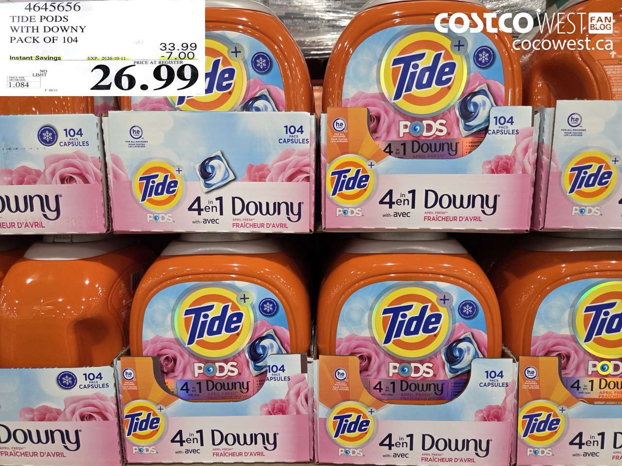 4645656 TIDE PODS WITH DOWNY PACK OF 104 ($7.00 INSTANT SAVINGS EXPIRES ON 2026-10-11) $26.99