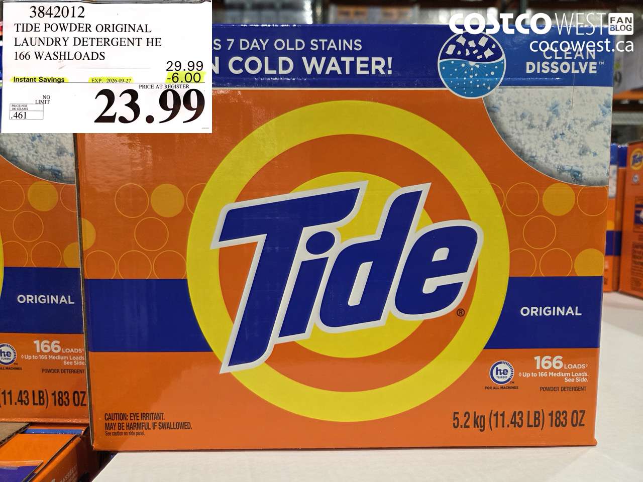 3842012 TIDE POWDER ORIGINAL LAUNDRY DETERGENT HE 166 WASHLOADS ($6.00 INSTANT SAVINGS EXPIRES ON 2026-09-27) $23.99