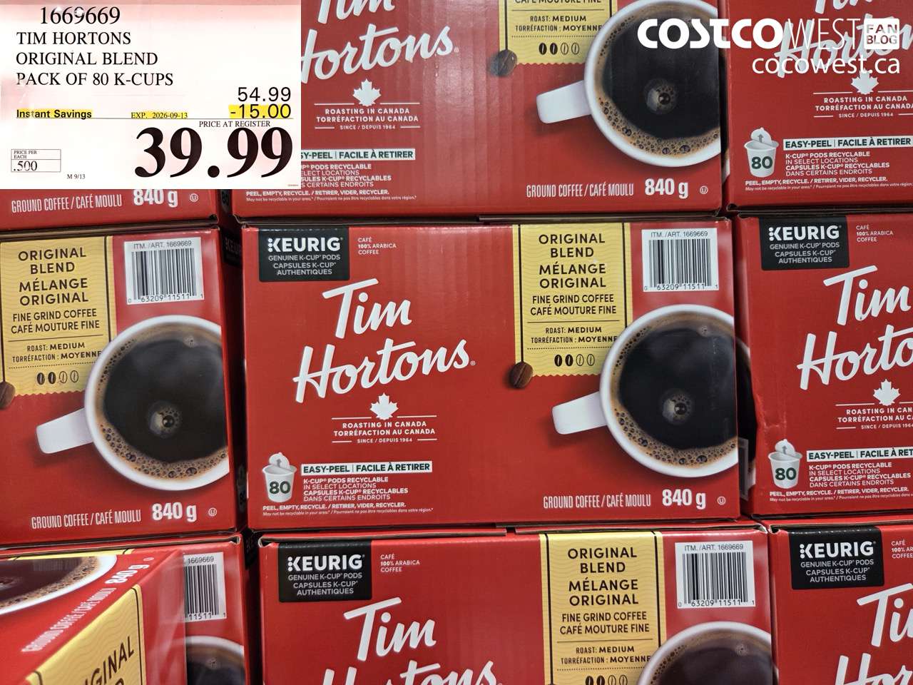 1669669 TIM HORTONS ORIGINAL BLEND PACK OF 80 K-CUPS ($15.00 INSTANT SAVINGS EXPIRES ON 2026-09-13) $39.99