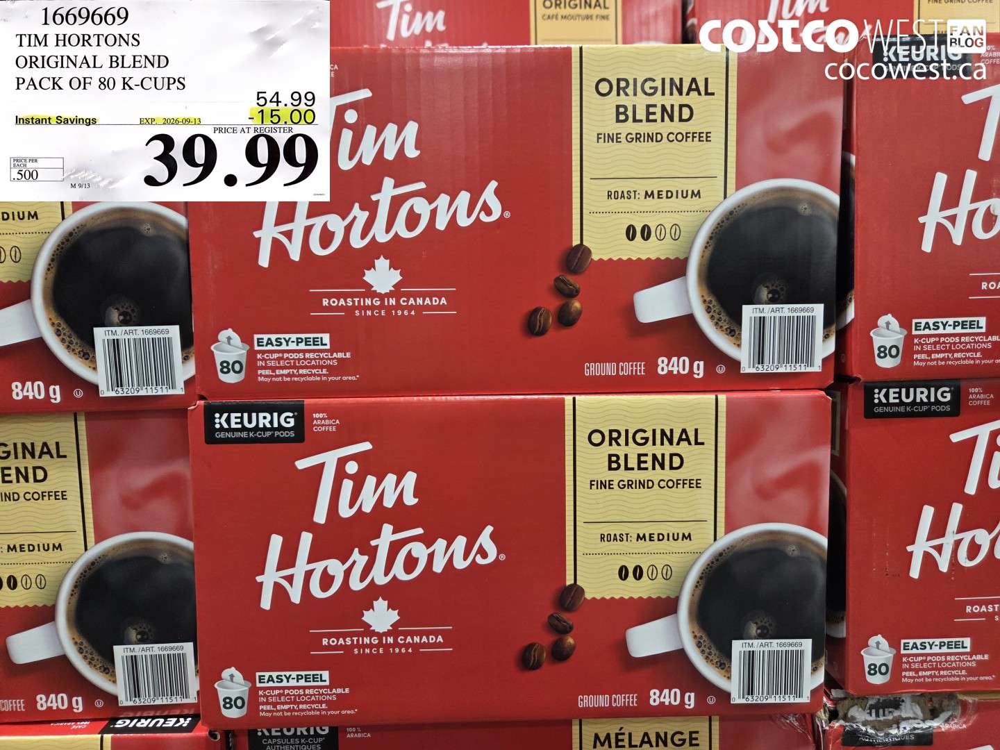 1669669 TIM HORTONS ORIGINAL BLEND PACK OF 80 K-CUPS ($15.00 INSTANT SAVINGS EXPIRES ON 2026-09-13) $39.99