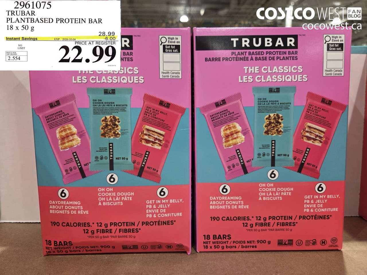 2961075 TRUBAR PLANTBASED PROTEIN BAR 18 X 50 G ($6.00 INSTANT SAVINGS EXPIRES ON 2026-10-04) $22.99