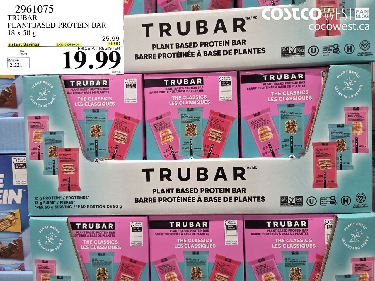 2961075 TRUBAR PLANTBASED PROTEIN BAR 18 X 50 G ($6.00 INSTANT SAVINGS EXPIRES ON 2026-10-04) $19.99