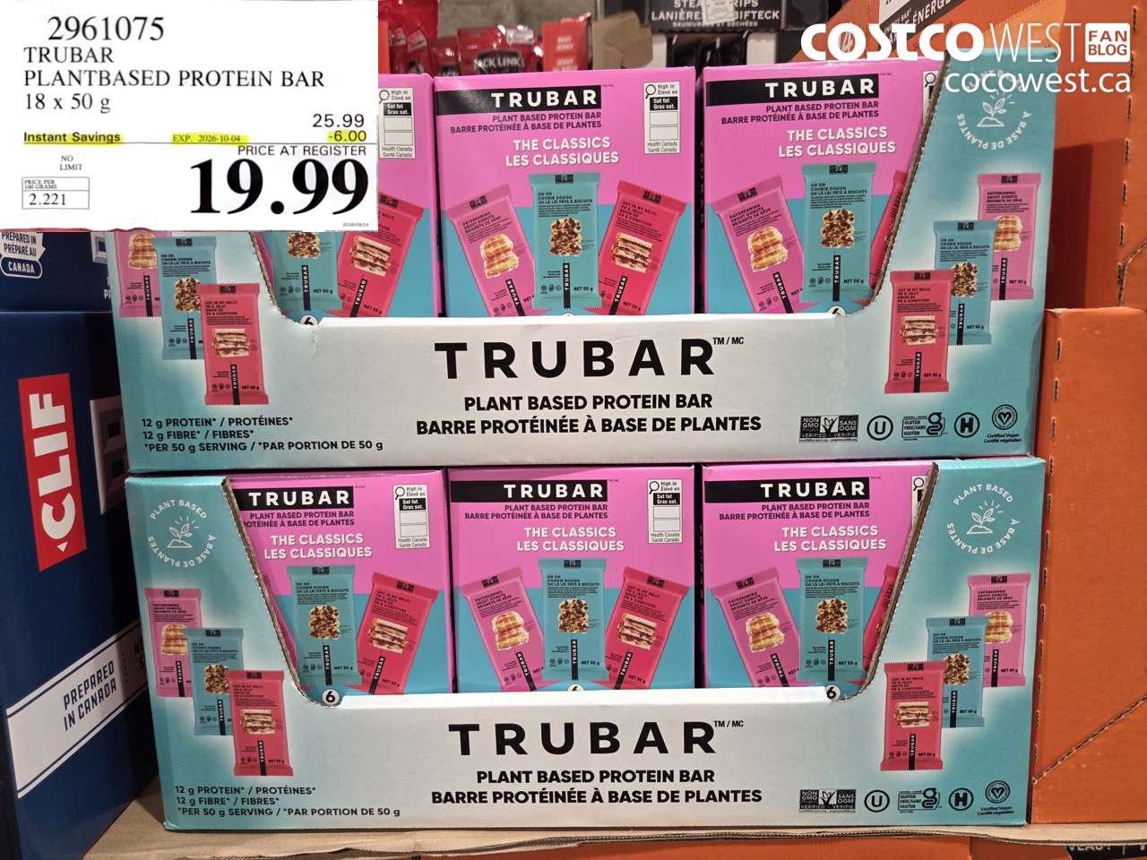 2961075 TRUBAR PLANTBASED PROTEIN BAR 18 X 50 G ($6.00 INSTANT SAVINGS EXPIRES ON 2026-10-04) $19.99