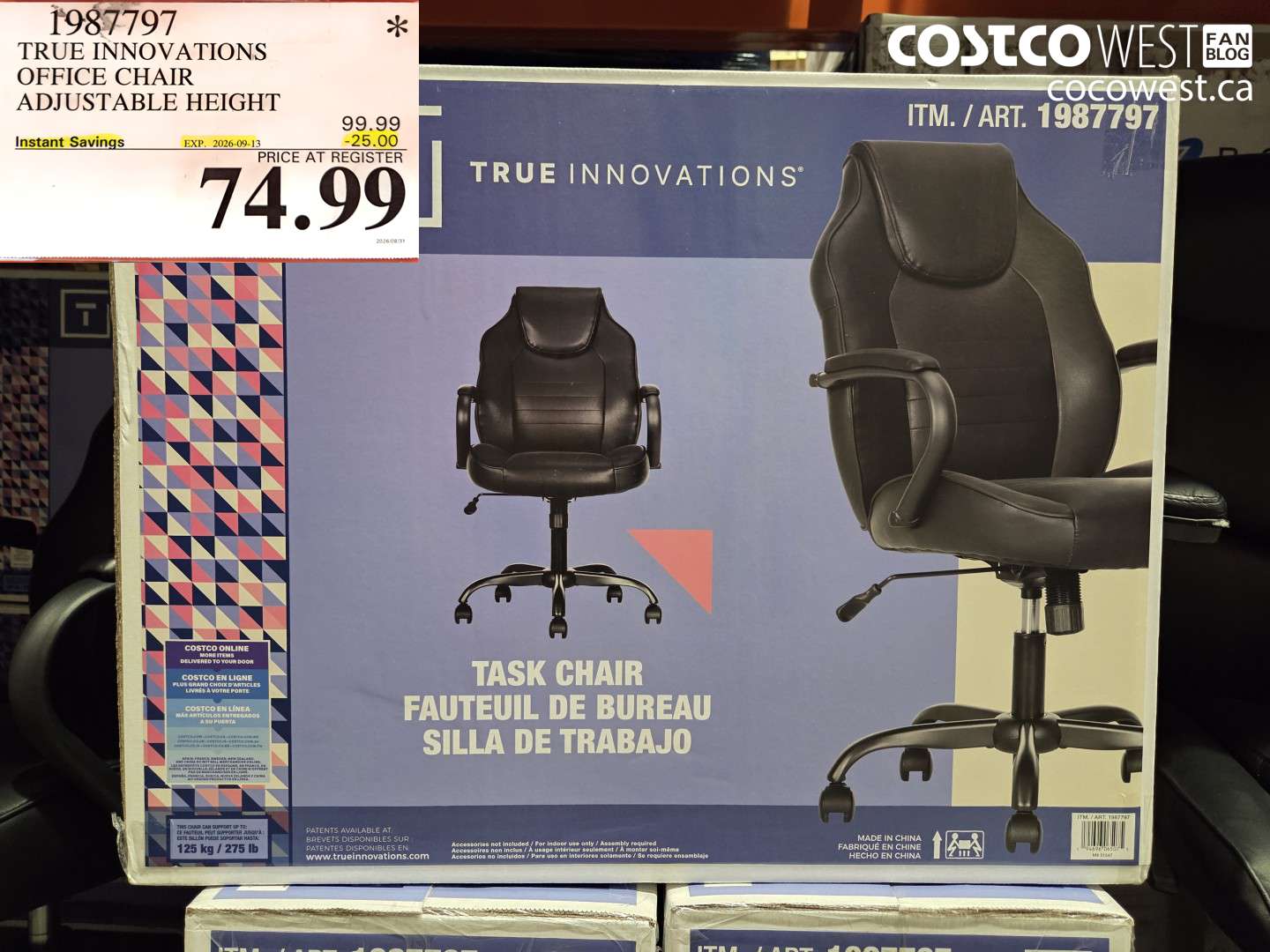 1987797 TRUE INNOVATIONS OFFICE CHAIR ADJUSTABLE HEIGHT ($25.00 INSTANT SAVINGS EXPIRES ON 2026-09-13) $74.99