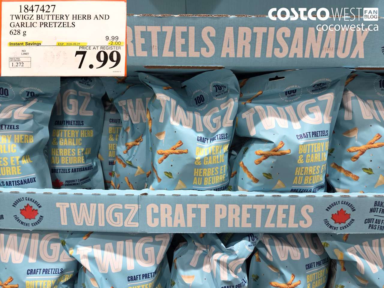 1847427 TWIGZ BUTTERY HERB AND GARLIC PRETZELS 628 G ($2.00 INSTANT SAVINGS EXPIRES ON 2026-09-27) $7.99