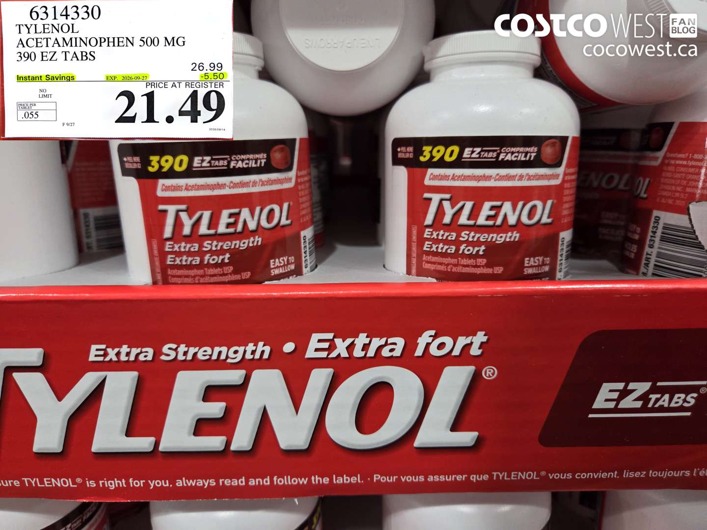6314330 TYLENOL ACETAMINOPHEN 500 MG 390 EZ TABS ($5.50 INSTANT SAVINGS EXPIRES ON 2026-09-27) $21.49