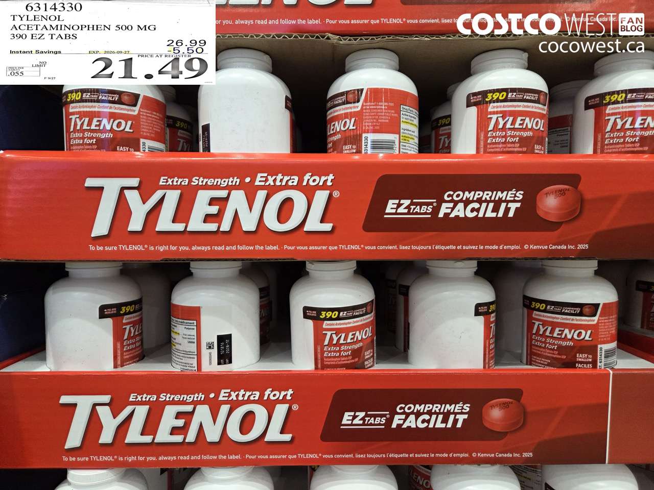 6314330 TYLENOL ACETAMINOPHEN 500 MG 390 EZ TABS ($5.50 INSTANT SAVINGS EXPIRES ON 2026-09-27) $21.49