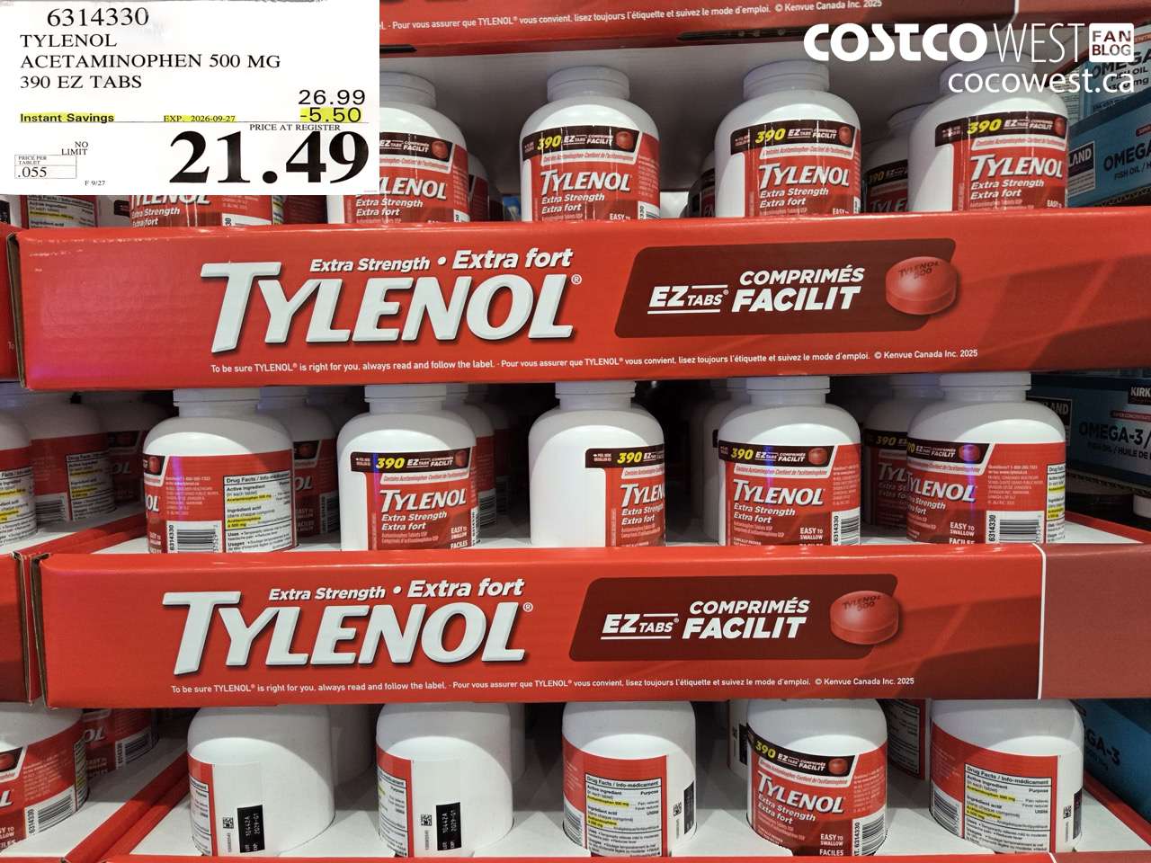 6314330 TYLENOL ACETAMINOPHEN 500 MG 390 EZ TABS ($5.50 INSTANT SAVINGS EXPIRES ON 2026-09-27) $21.49