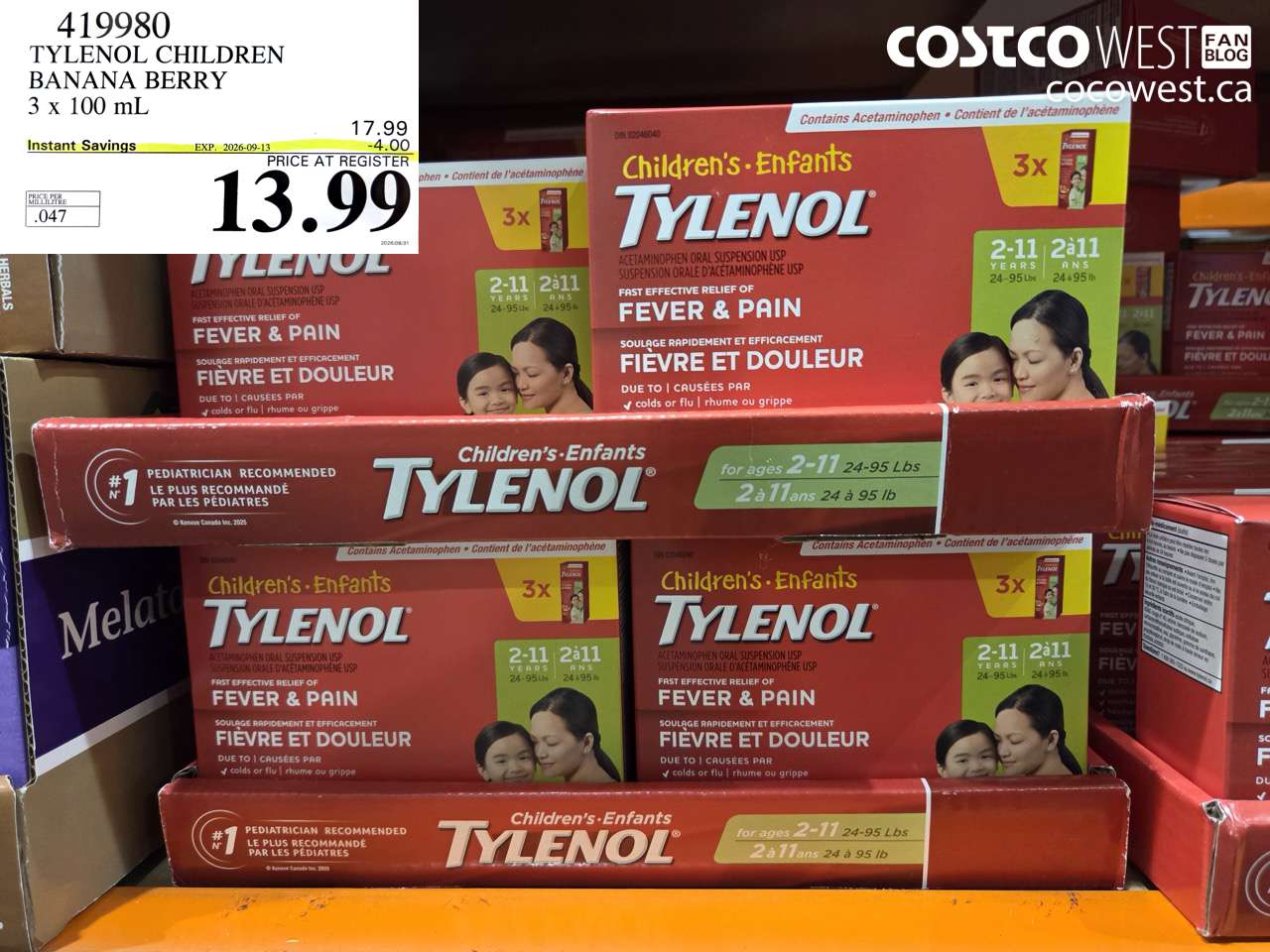 419980 TYLENOL CHILDREN BANANA BERRY 3 X 100 ML ($4.00 INSTANT SAVINGS EXPIRES ON 2026-09-13) $13.99