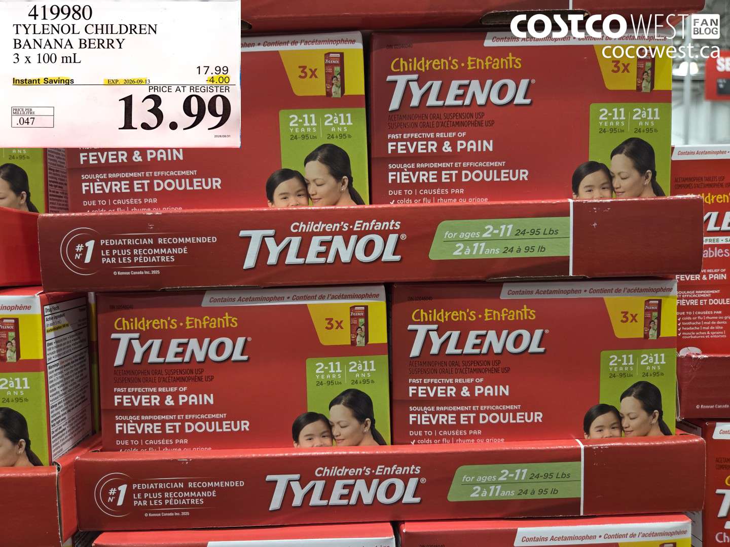 419980 TYLENOL CHILDREN BANANA BERRY 3 X 100 ML ($4.00 INSTANT SAVINGS EXPIRES ON 2026-09-13) $13.99