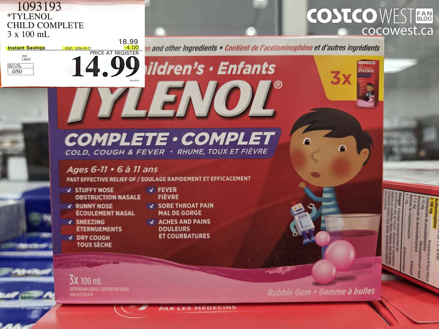 1093193 TYLENOL CHILD COMPLETE 3 X 100 ML ($4.00 INSTANT SAVINGS EXPIRES ON 2026-09-27) $14.99