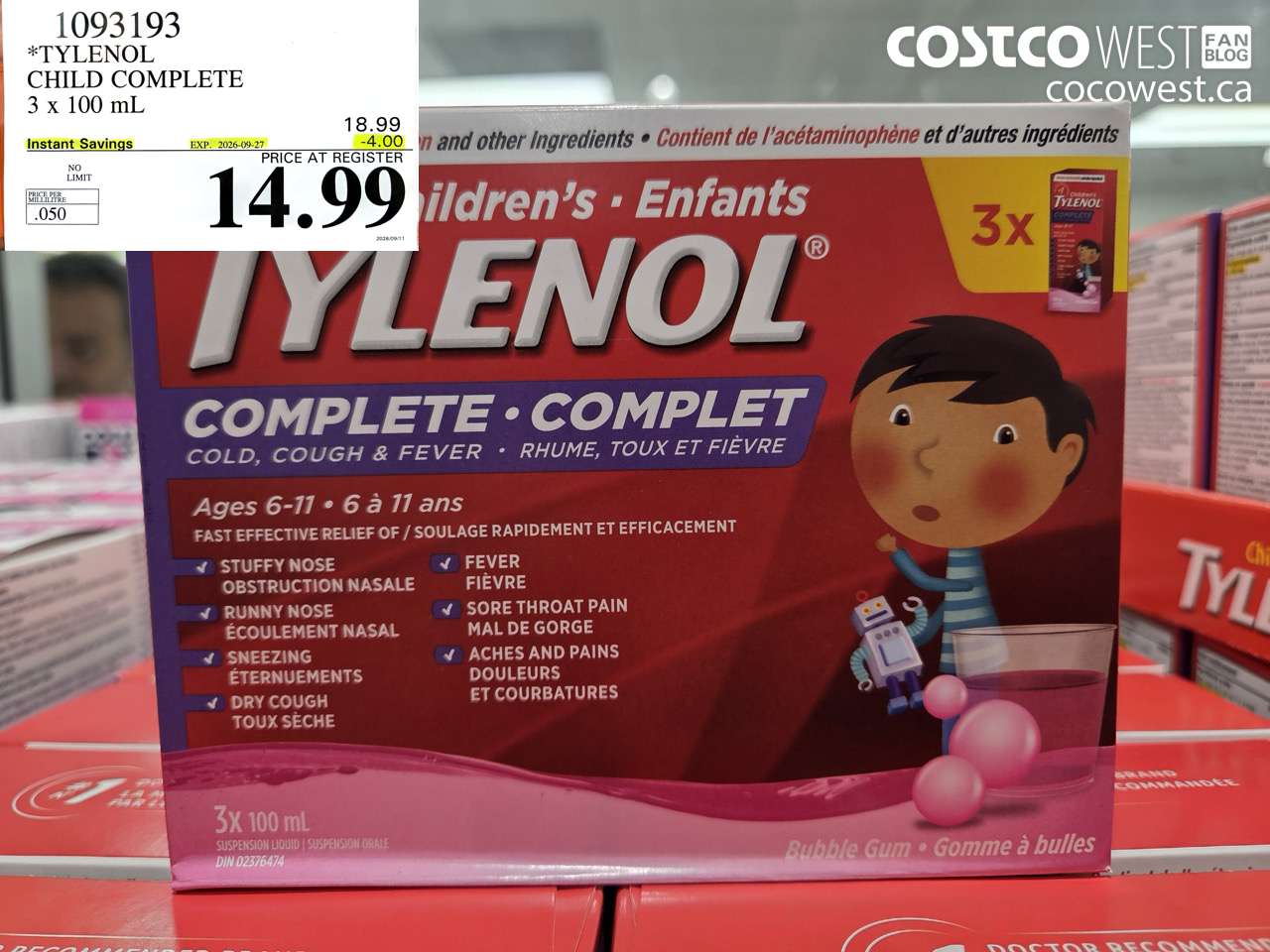 1093193 TYLENOL CHILD COMPLETE 3 X 100 ML ($4.00 INSTANT SAVINGS EXPIRES ON 2026-09-27) $14.99