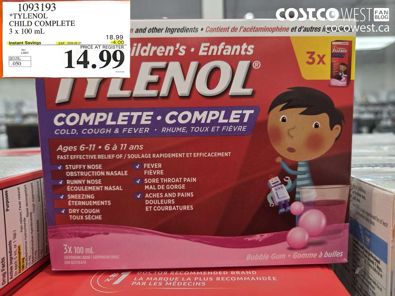 1093193 TYLENOL CHILD COMPLETE 3 X 100 ML ($4.00 INSTANT SAVINGS EXPIRES ON 2026-09-27) $14.99