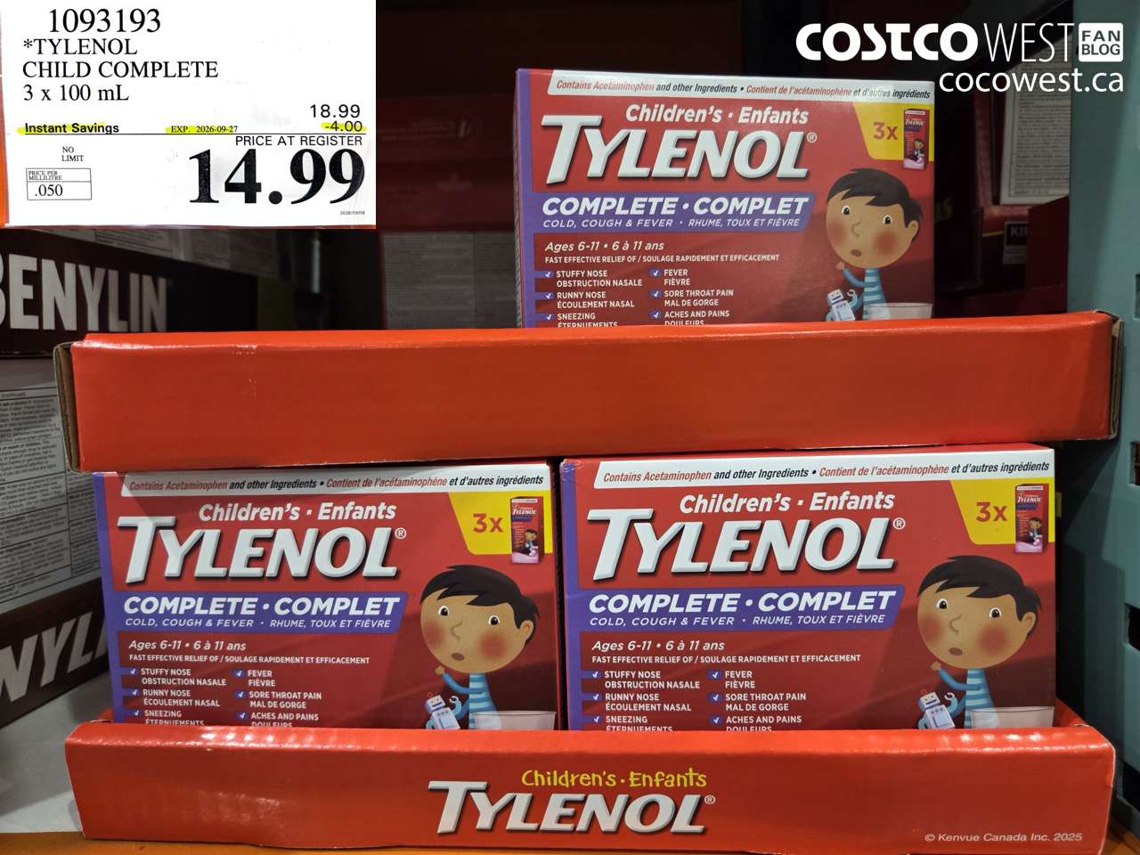 1093193 TYLENOL CHILD COMPLETE 3 X 100 ML ($4.00 INSTANT SAVINGS EXPIRES ON 2026-09-27) $14.99