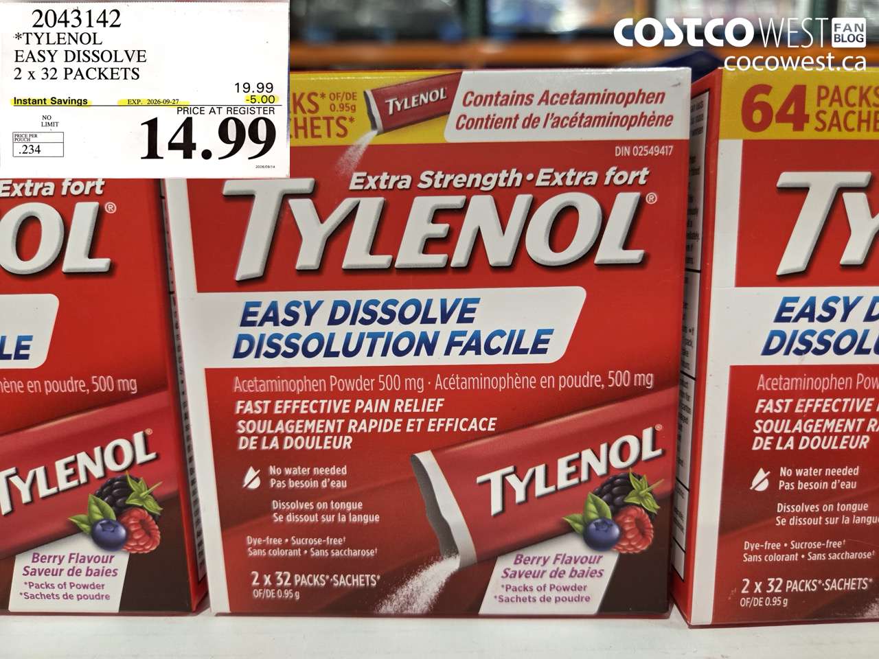 2043142 TYLENOL EASY DISSOLVE 2 X 32 PACKETS ($5.00 INSTANT SAVINGS EXPIRES ON 2026-09-27) $14.99