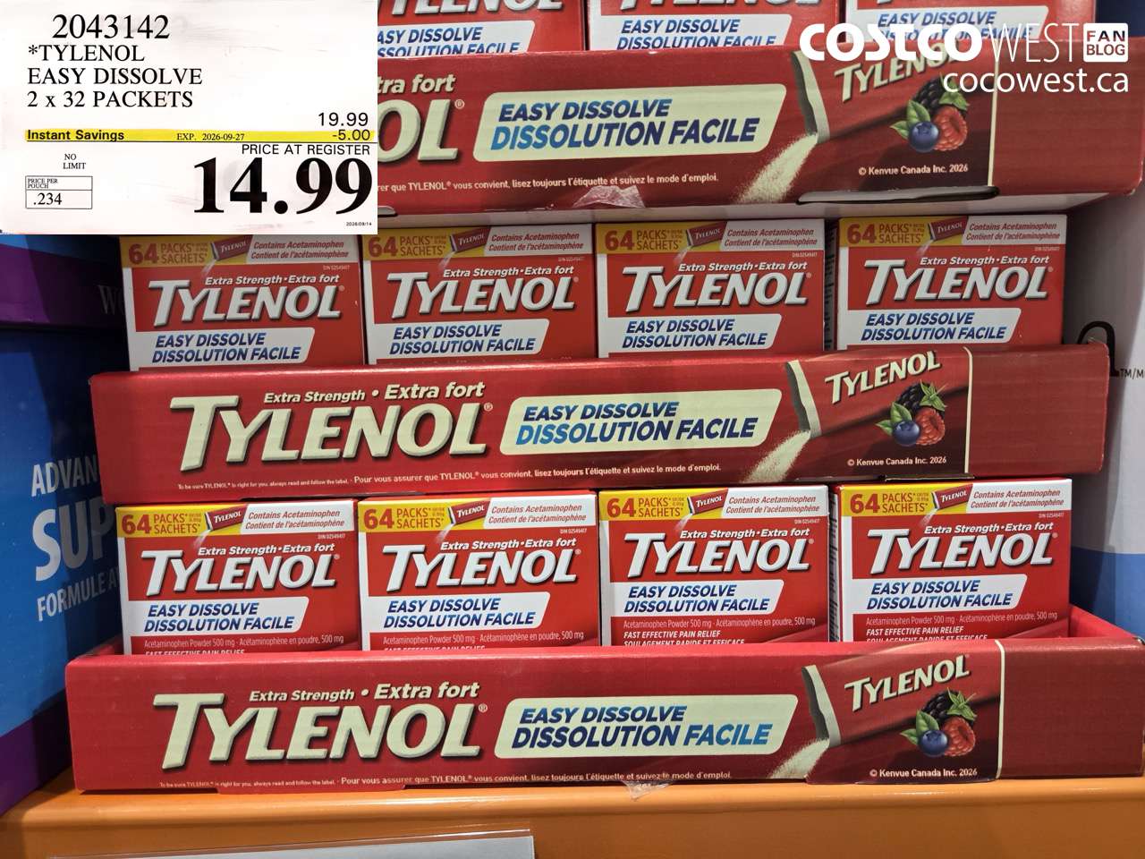 2043142 TYLENOL EASY DISSOLVE 2 X 32 PACKETS ($5.00 INSTANT SAVINGS EXPIRES ON 2026-09-27) $14.99