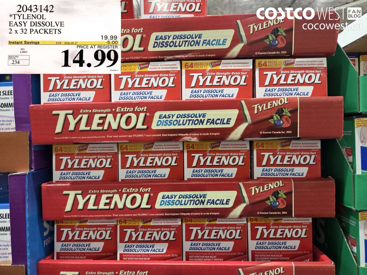 2043142 TYLENOL EASY DISSOLVE 2 X 32 PACKETS ($5.00 INSTANT SAVINGS EXPIRES ON 2026-09-27) $14.99