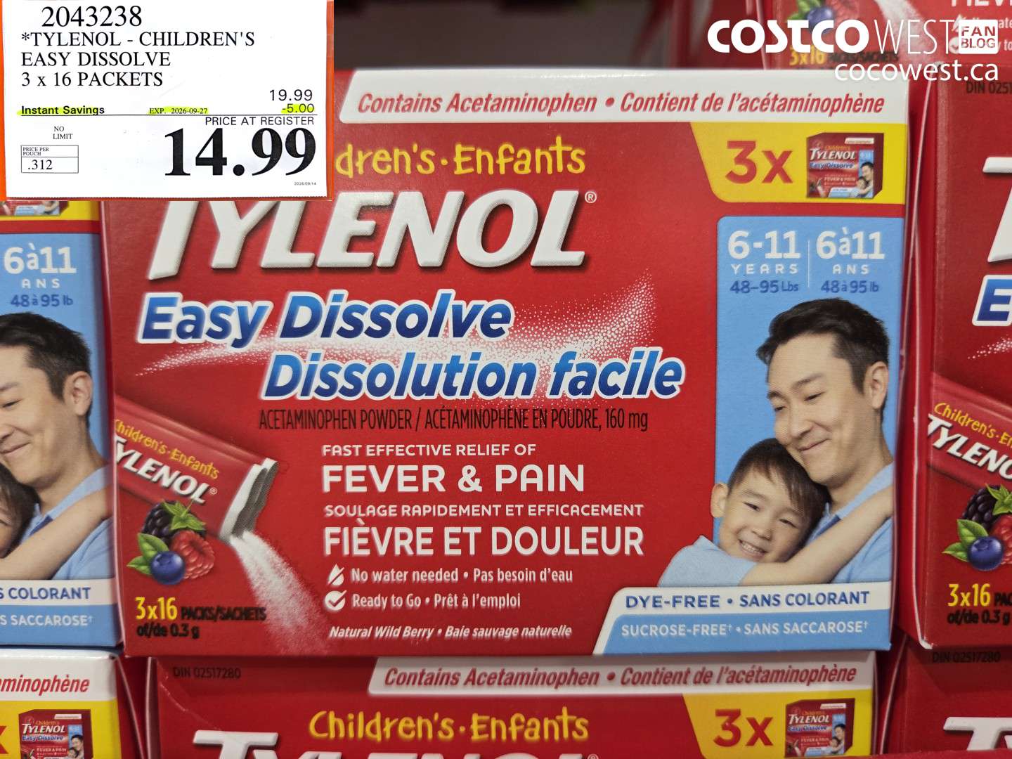 2043238 TYLENOL - CHILDREN'S EASY DISSOLVE 3 X 16 PACKETS ($5.00 INSTANT SAVINGS EXPIRES ON 2026-09-27) $14.99