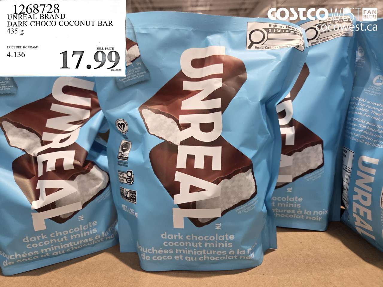 1268728 UNREAL BRAND DARK CHOCO COCONUT BAR 435 G $17.99