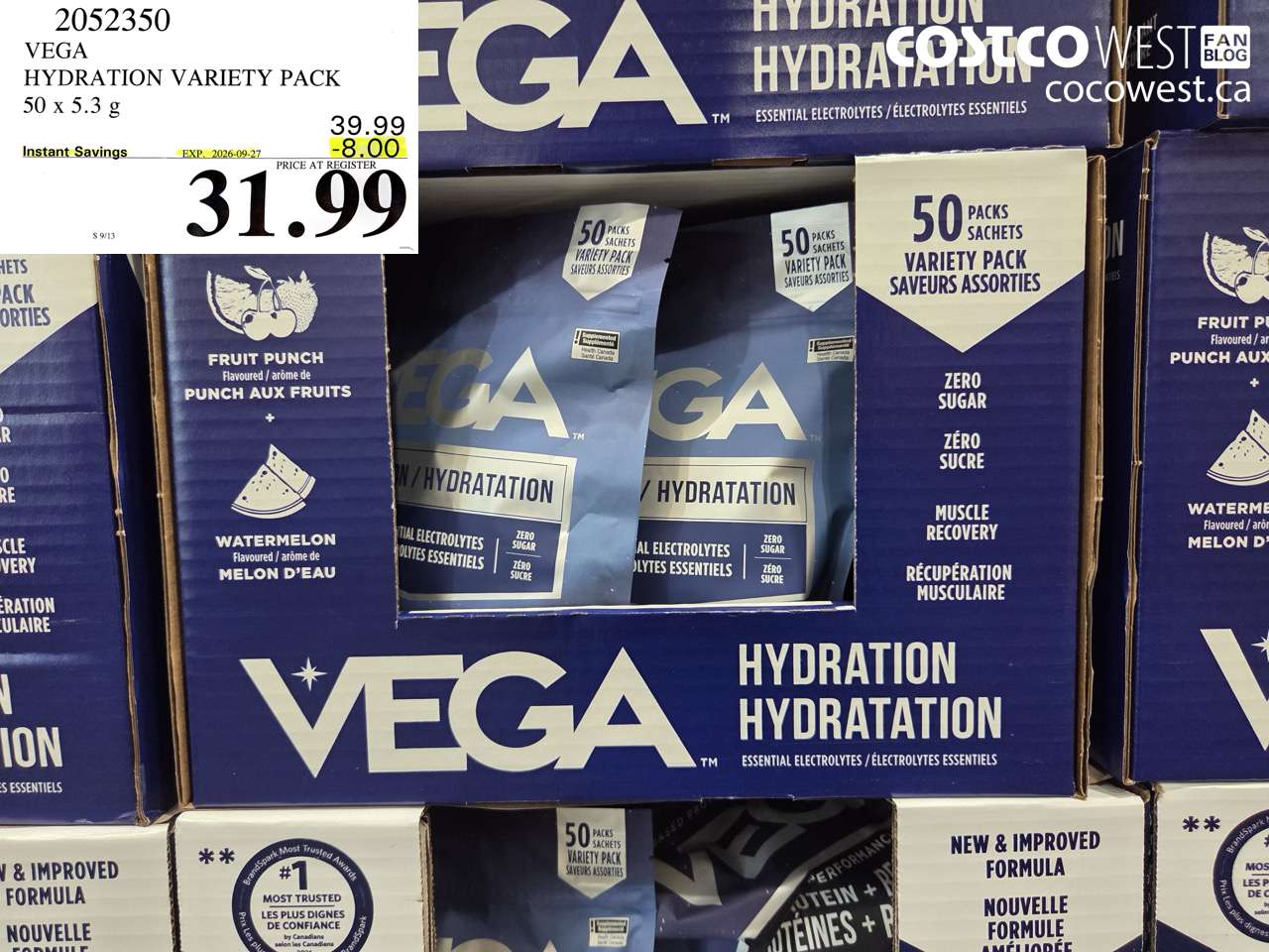 2052350 VEGA HYDRATION VARIETY PACK 50 X 5.3 G ($8.00 INSTANT SAVINGS EXPIRES ON 2026-09-27) $31.99