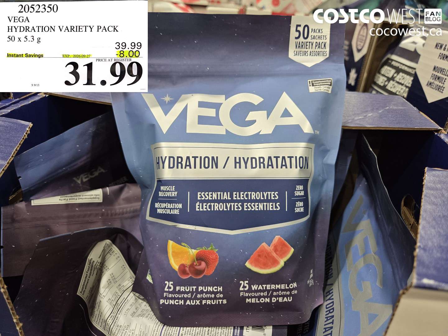 2052350 VEGA HYDRATION VARIETY PACK 50 X 5.3 G ($8.00 INSTANT SAVINGS EXPIRES ON 2026-09-27) $31.99