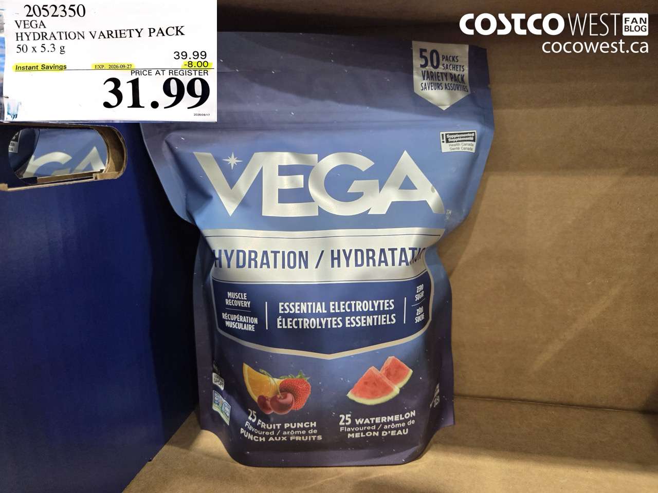 2052350 VEGA HYDRATION VARIETY PACK 50 X 5.3 G ($8.00 INSTANT SAVINGS EXPIRES ON 2026-09-27) $31.99