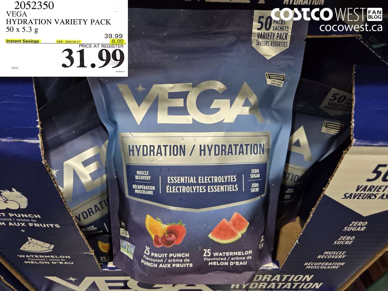 2052350 VEGA HYDRATION VARIETY PACK 50 X 5.3 G ($8.00 INSTANT SAVINGS EXPIRES ON 2026-09-27) $31.99