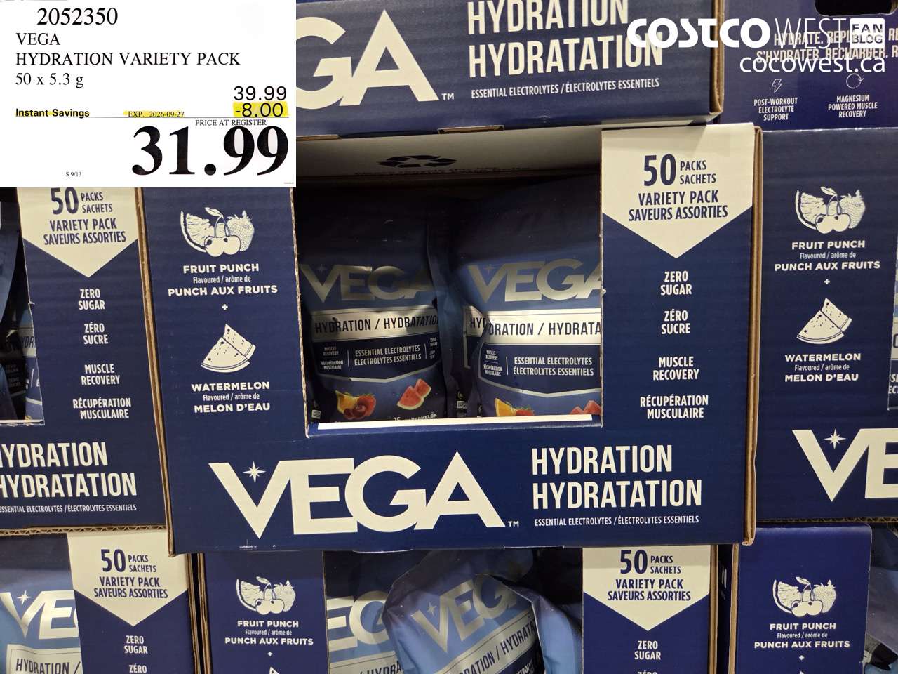 2052350 VEGA HYDRATION VARIETY PACK 50 X 5.3 G ($8.00 INSTANT SAVINGS EXPIRES ON 2026-09-27) $31.99
