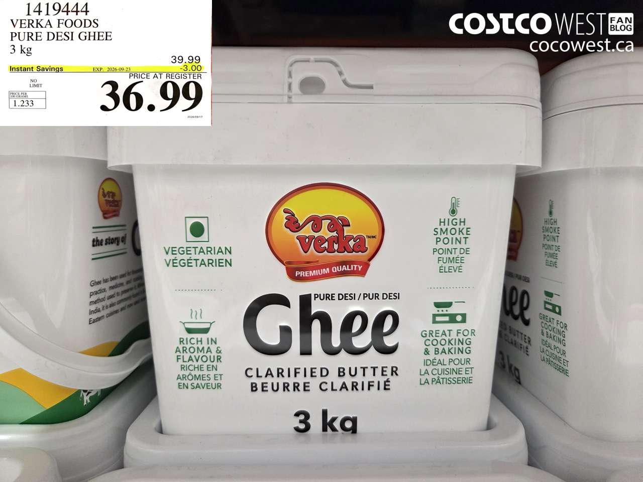 1419444 VERKA FOODS PURE DESI GHEE 3 KG ($3.00 INSTANT SAVINGS EXPIRES ON 2026-09-23) $36.99