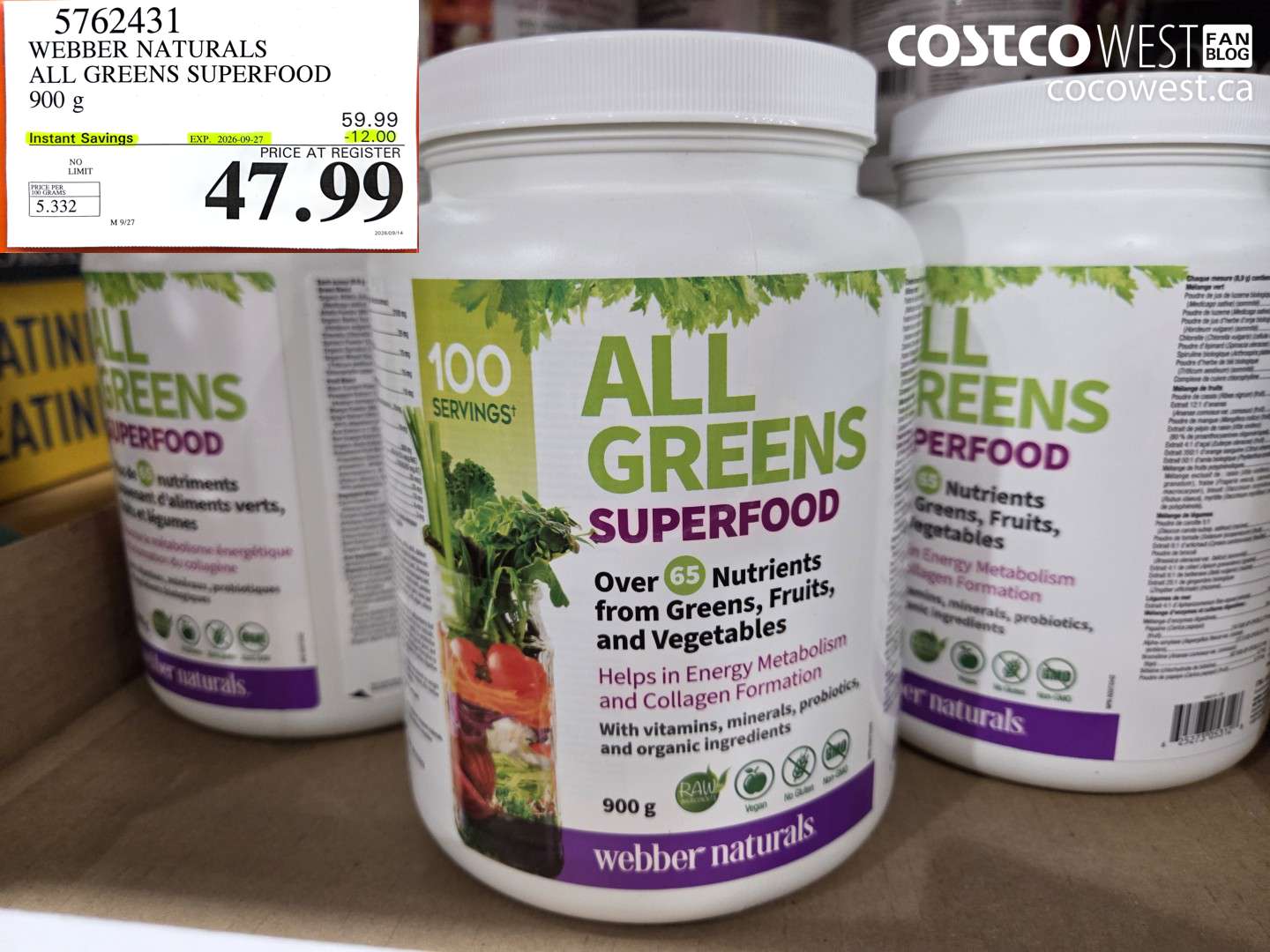 5762431 WEBBER NATURALS ALL GREENS SUPERFOOD 900 G ($12.00 INSTANT SAVINGS EXPIRES ON 2026-09-27) $47.99