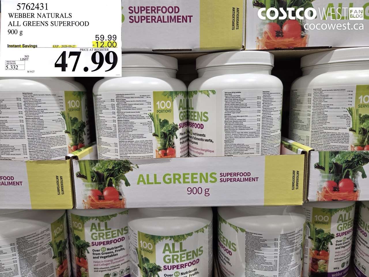 5762431 WEBBER NATURALS ALL GREENS SUPERFOOD 900 G ($12.00 INSTANT SAVINGS EXPIRES ON 2026-09-27) $47.99