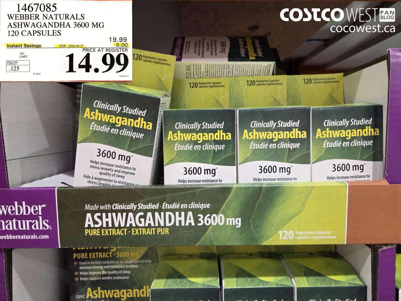 1467085 WEBBER NATURALS ASHWAGANDHA 3600 MG 120 CAPSULES ($5.00 INSTANT SAVINGS EXPIRES ON 2026-09-27) $14.99