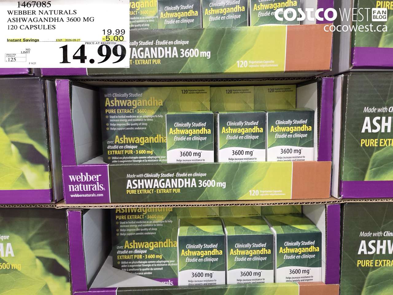 1467085 WEBBER NATURALS ASHWAGANDHA 3600 MG 120 CAPSULES ($5.00 INSTANT SAVINGS EXPIRES ON 2026-09-27) $14.99