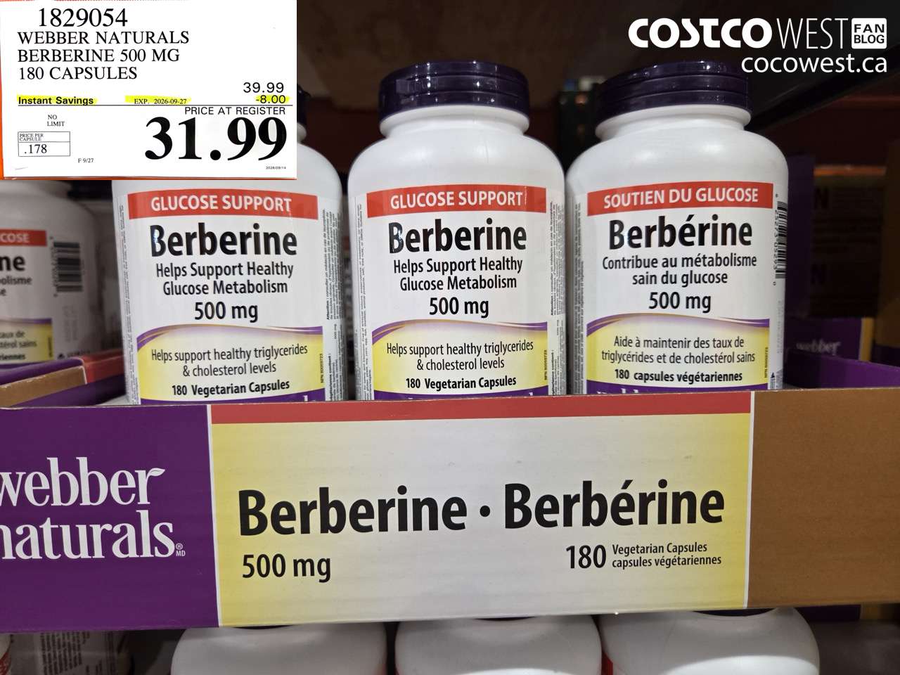 1829054 WEBBER NATURALS BERBERINE 500 MG 180 CAPSULES ($8.00 INSTANT SAVINGS EXPIRES ON 2026-09-27) $31.99