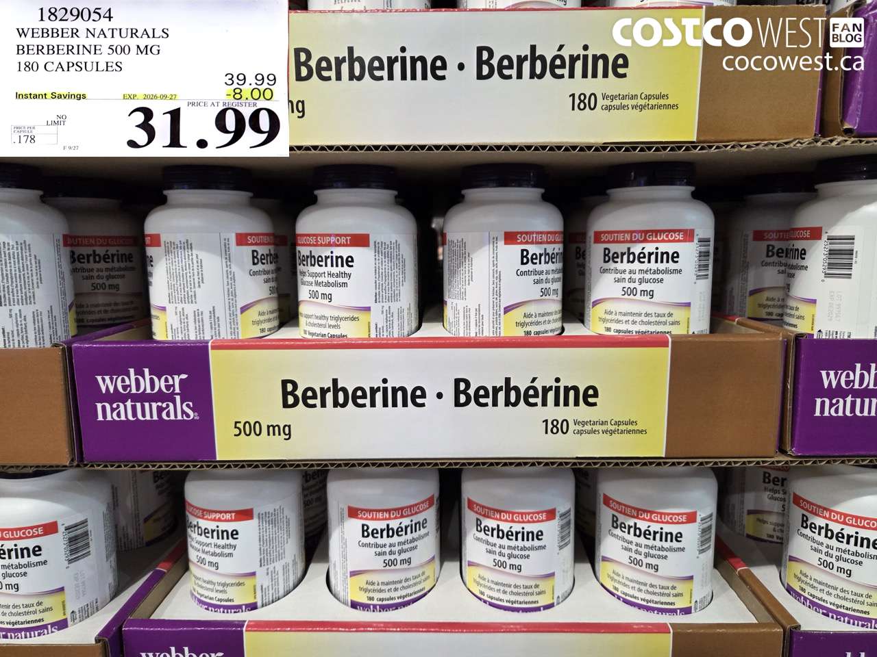 1829054 WEBBER NATURALS BERBERINE 500 MG 180 CAPSULES ($8.00 INSTANT SAVINGS EXPIRES ON 2026-09-27) $31.99