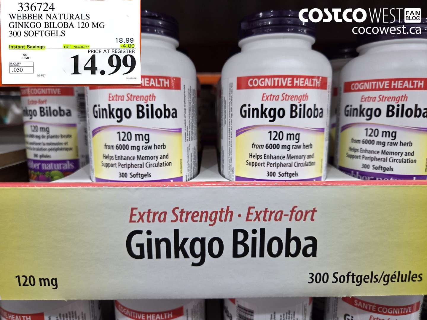 336724 WEBBER NATURALS GINKGO BILOBA 120 MG 300 SOFTGELS ($4.00 INSTANT SAVINGS EXPIRES ON 2026-09-27) $14.99