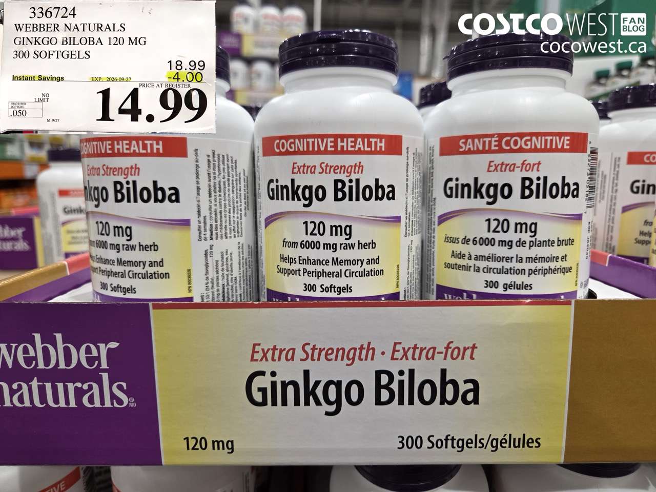 336724 WEBBER NATURALS GINKGO BILOBA 120 MG 300 SOFTGELS ($4.00 INSTANT SAVINGS EXPIRES ON 2026-09-27) $14.99