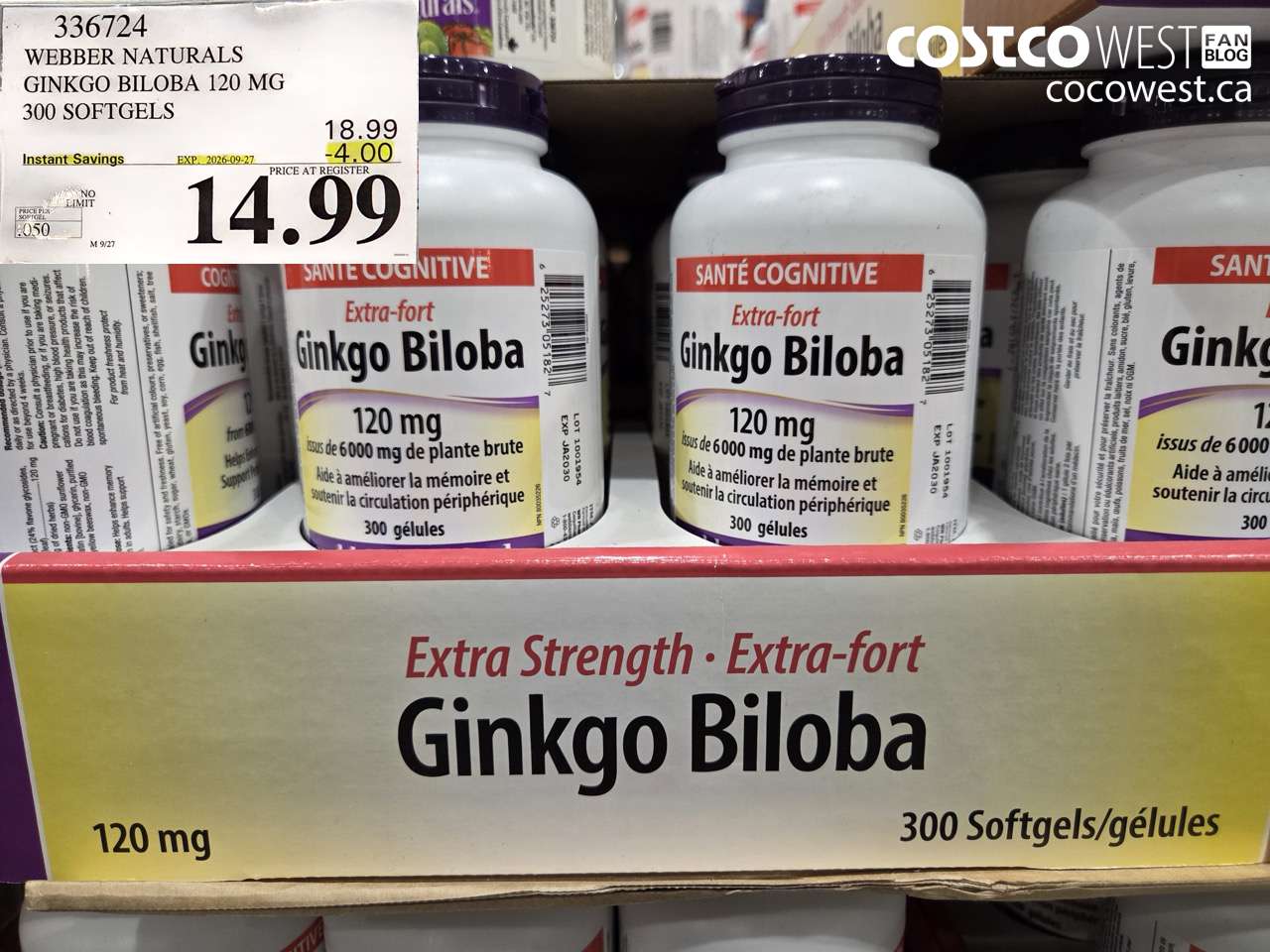 336724 WEBBER NATURALS GINKGO BILOBA 120 MG 300 SOFTGELS ($4.00 INSTANT SAVINGS EXPIRES ON 2026-09-27) $14.99