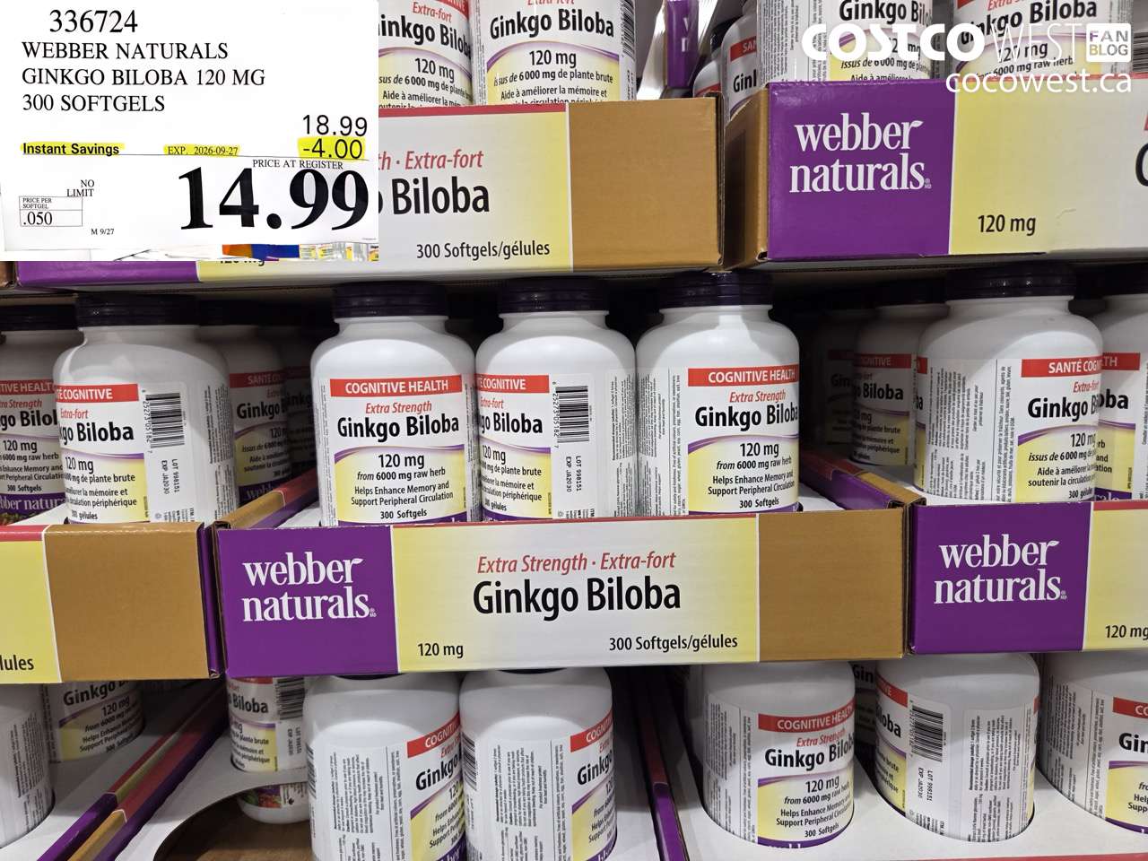 336724 WEBBER NATURALS GINKGO BILOBA 120 MG 300 SOFTGELS ($4.00 INSTANT SAVINGS EXPIRES ON 2026-09-27) $14.99