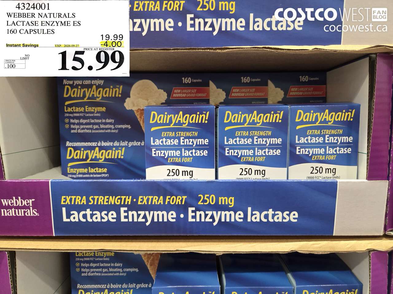 4324001 WEBBER NATURALS LACTASE ENZYME ES 160 CAPSULES ($4.00 INSTANT SAVINGS EXPIRES ON 2026-09-27) $15.99