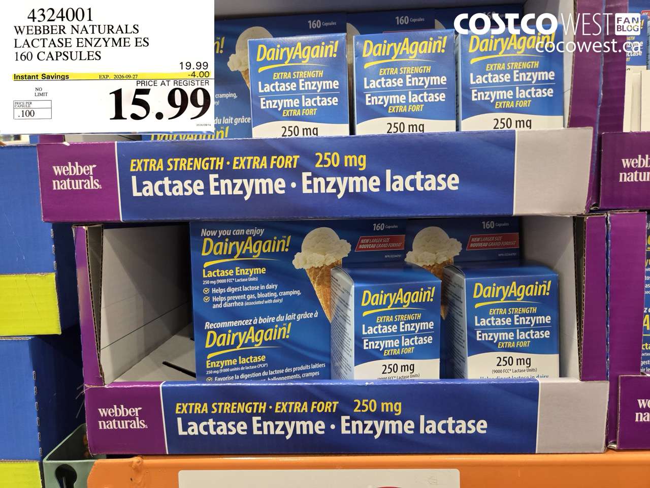 4324001 WEBBER NATURALS LACTASE ENZYME ES 160 CAPSULES ($4.00 INSTANT SAVINGS EXPIRES ON 2026-09-27) $15.99